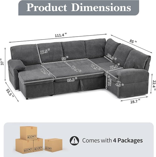 VINGLI 111 Inch U-Shaped Convertible Sofa Bed, 7 Seat Modular Sectional Sleeper Sofa with Pull Out Couch Bed Couches for Living Room with Storage Chaise, USB Charging, Side Pockets