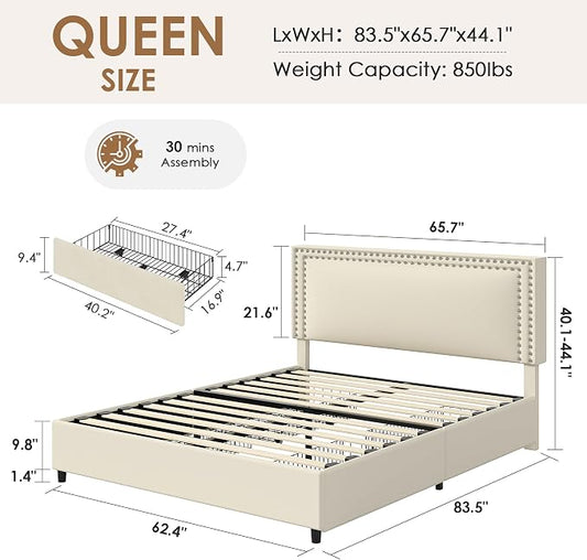 VECELO Queen Size Upholstered Bed Frame with 4 Storage Drawers, Adjustable Velvet Rivet Decor Headboard, Wooden Slats Platform Support, No Box Spring Needed, Easy Assembly,Beige