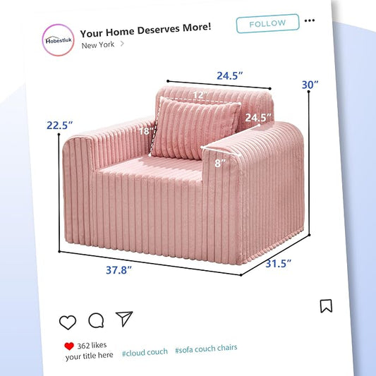 Hobestluk Single Sofa Foam Couch Sofa for Small Spaces Comfy Sofas with Removable Cover Furry Couch with Pillows for Living Room, Bedroom, Apartment, Office (Pink, Standard)