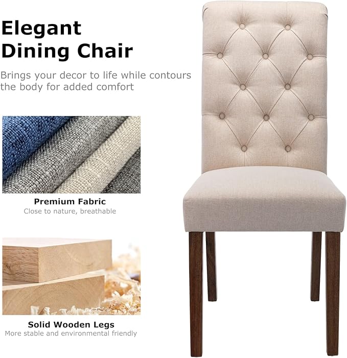 COLAMY Button Tufted Dining Chairs Set of 6, Accent Parsons Diner Chair Upholstered Fabric Dining Room Chairs Stylish Kitchen Chairs with Solid Wood Legs and Padded Seat - Dark Beige