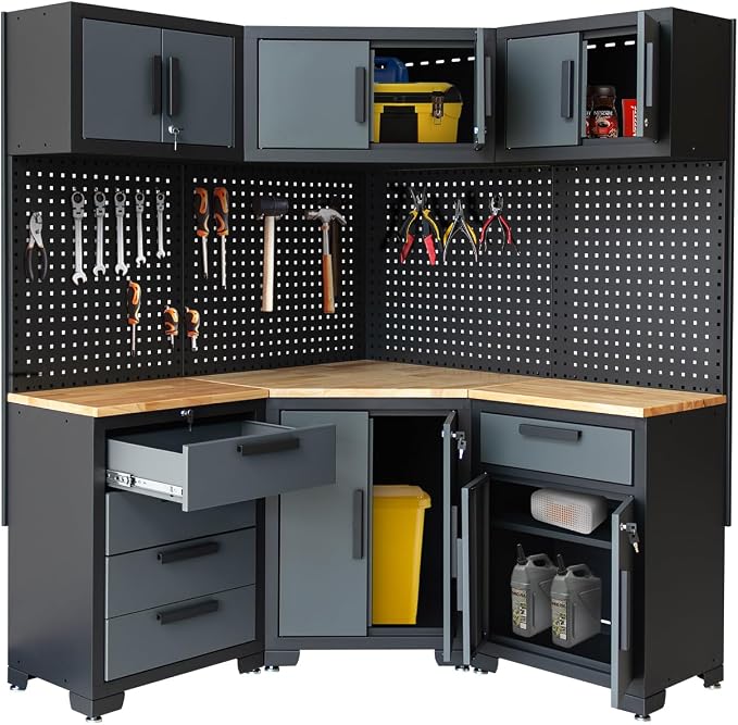 Garage Storage Cabinet System 8-Pcs Garage Cabinets and Storage System Corner Workshop Set with Corner Cabinet, Cabinet Drawers, Workbench, Pegboard for Tool Organization, Black and Grey