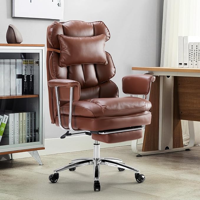 DUMOS Home Office Desk Executive Chair - Ergonomic Big Tall High Back with Footrest & Lumbar Support, Reclining Height Adjustable, Comfy PU Leather Computer Gaming with Swivel Wheels, Brown