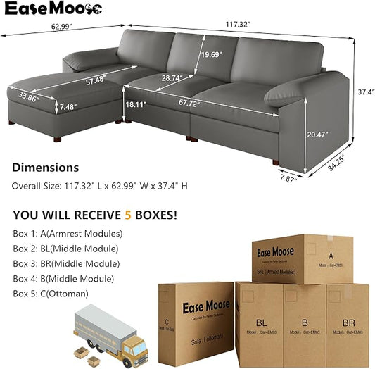EASE MOOSE Leather Sectional Couch, Oversized Modular Sectional Sofas, Wide Deep Seat Modular Couch, Scratch Resistant Faux Leather Material, L Shaped Sofa for Big Spaces, Grey