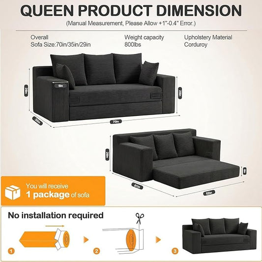Oversize Boneless Loveseat Convertible Sofa Bed, Folding Floor Futon Sleeper Sofa Queen Size Couch Bed- Boneless Foldable Couch, Corduroy Pull Out Sofa Bed with 5 Pillows for Living Room & Bedroom
