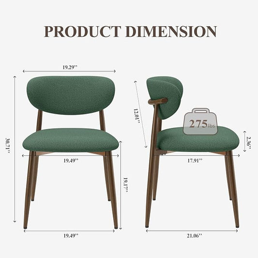 MALOL Upholstered Dining Chairs Set of 2, Curved Back Kitchen Chairs with Metal Legs and Anti Slip Pads, Dining Room Chair for Home and Restaurant, Green
