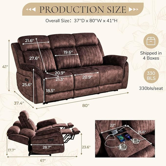 Power Reclining Sofa with Zero Gravity, Adjustable Headrest, Electric Reclining Couch with Wireless Charge, USB/Type-C Ports, Wall Hugger Couches for Living Room (Brown, 3 Seater Sofa)