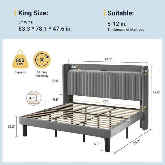 Allewie King Size Platform Bed Frame with USB Charging Station and Storage Shelf/Upholstered Velvet Wingback Headboard/Wooden Slats Support/No Box Spring Needed/Easy Assembly, Grey
