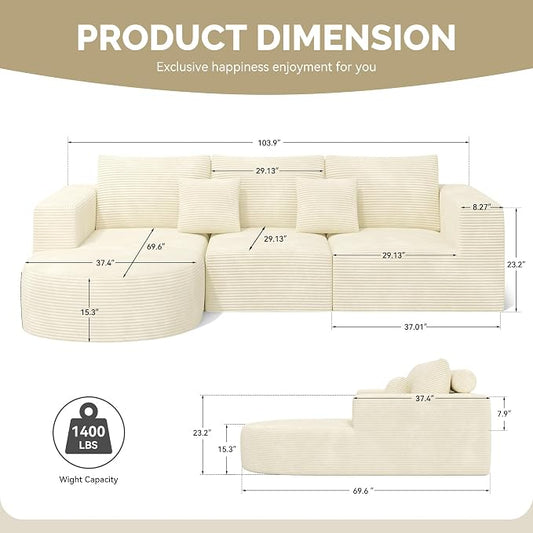 Boneless Couches for Living Room,Cloud Sectional Couch with L-Shape Chaise,Modern Modular Sofa with Deep Seat Upholstered Comfy Couches for Bedroom,No Assembly Required,1PCS