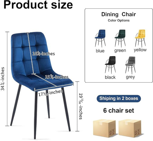 NORDICANA Navy Blue Velvet Dining Chairs Set of 6, Upholstered Tufted Kitchen Chairs, Comfortable Seat, Metal Leg, Easy Assembly