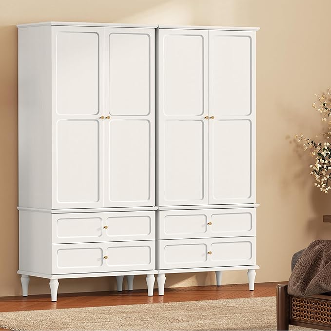 HLR 71" Mid-Century Modern Armoire Wardrobe Closet with Doors and Drawers,Wooden Armoire Storage Cabinet with Hanging Rod for Bedroom,Large Capacity Storage,White