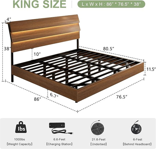 Feonase Floating Bed Frame King with Led Lights and Charging Station, Wood Full Size Bed Frame with Storage Headboard, Heavy Duty Metal Slats, No Box Spring Needed, Easy Assembly,Walnut