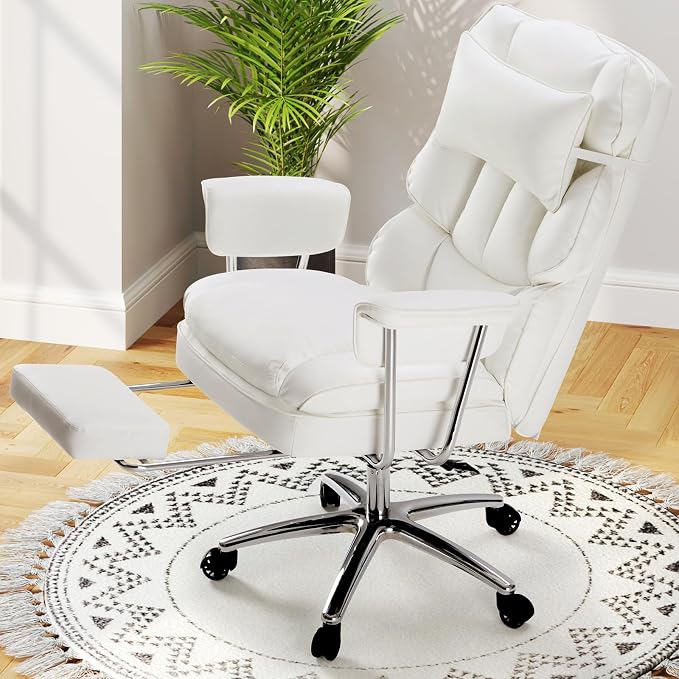 DUMOS Home Office Desk Executive Chair, Big Tall High Back, Snow White | Ergonomic Chair with Footrest & Lumbar Support, Height Adjustable, Comfy PU Leather Computer Gaming with Swivel Wheels