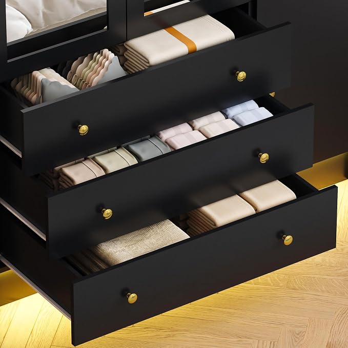3 Doors Mirrored Wardrobe Armoire Closet with Drawers, LED Armoire Storage Cabinet with Adjustable Shelves & Hanging Rod, 74.8" H Freestanding Clothing Storage Cabinet for Bedroom, Black