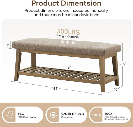Entryway Bench with Cushion, Upholstered Shoe Rack Bench with Solid Wood Shelf, 44" End of Bed Bench for Bedroom, Chenille Fabric Storage Bench for Entryway, Hallway, Living Room (Brown)