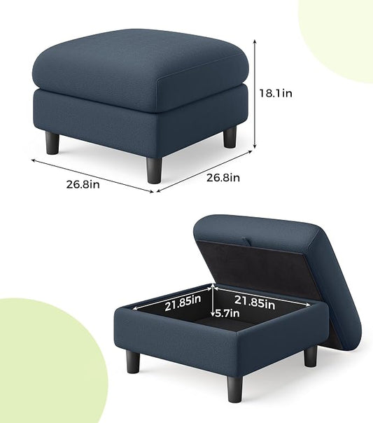Welzona Teddy Storage Ottoman, 26.7" Large Living Room Ottoman, All-Wood Coffee Table Ottomans with Storage, Tool-Free Setup Ottomans for Living Room, Bench for Bedroom, Blue Grey