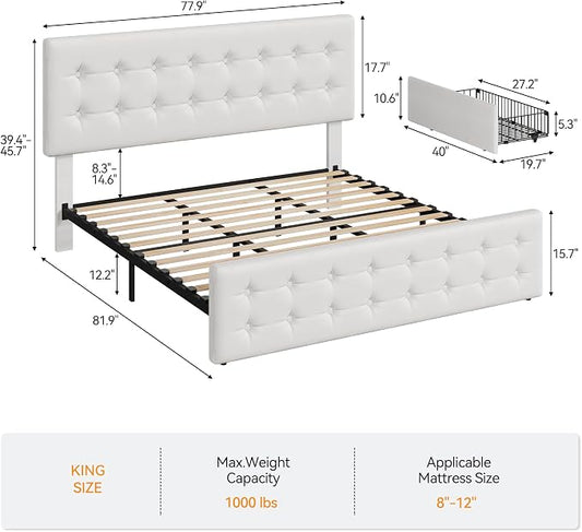 IDEALHOUSE King Size Bed Frame with 4 Storage Drawers and Headboard, Faux Leather Upholstered Platform Bed Frame with Wooden Slats Support, Button Tufted Design, No Box Spring Needed, White