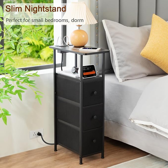 LOAKEKEL Narrow End Tables Living Room Set of 2 with Charging Station, Skinny Side Table with Fabric Drawers, Slim Nightstand for Bedroom, Small Spaces, Couch, Black, HETNDP03BK