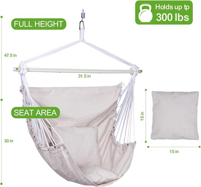 Backyard Expressions Hammock Chair Hanging Rope Swing Chair, 2 Pillows, Anti Slip Steel Spreader Bar