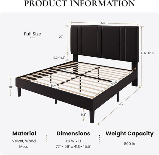 SHA CERLIN Full Size Platform Bed Frame, Velvet Upholstered Bed with Adjustable Headboard, Vertical Channel Tufted Design, Sturdy Wood Slat Support, No Box Spring Needed, Easy Assembly, Black