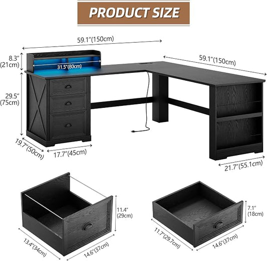 Lareth Executive L Shaped Desk with Monitor Stand, 59 inch Farmhouse Corner Computer Desk with Power Outlets & LED Lights, Home Office Desk with File Cabinet for Working Gaming Writing, Black