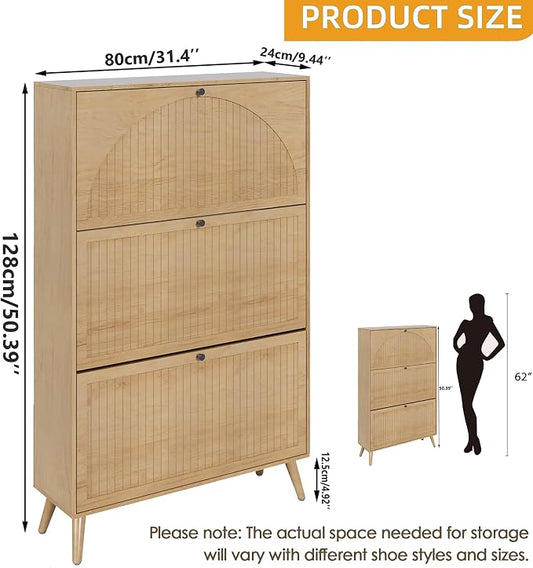 Fsbecl Shoe Storage Cabinet for Entryway with 3 Flip Drawers, Narrow Shoe Organizer with Fluted Panel, Freestanding Wood Hidden Shoe Cabinet for Hallway(Wood Color, 31.4''W, Double Layer)