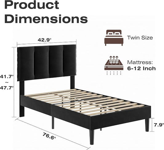 VECELO Twin Size Bed Frame with Upholstered Headboard, Heavy-Duty Bedframe with Wooden Slats & Steel Framework, Easy Assembly, Velvet & Black
