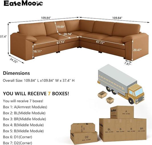 EASE MOOSE Oversized Modular Sectional Couch with Ottoman, Faux Leather Sectional Sofa with Deep Seat, Scratch Resistant Faux Leather Material, Extra Large L Shaped Couch,Brown