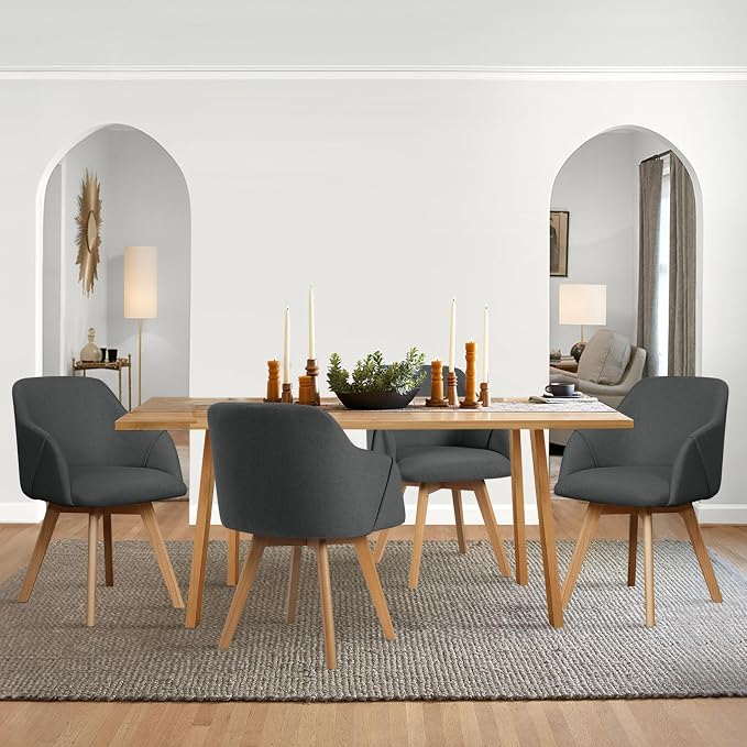 Swivel Dining Chairs Set of 4, Mid Century Modern Dining Chairs with Arms, Linen Fabric Upholstered Kitchen Dining Room Chairs with Solid Wood Legs for Living Room,360°Swivel Accent Desk Chair, Grey