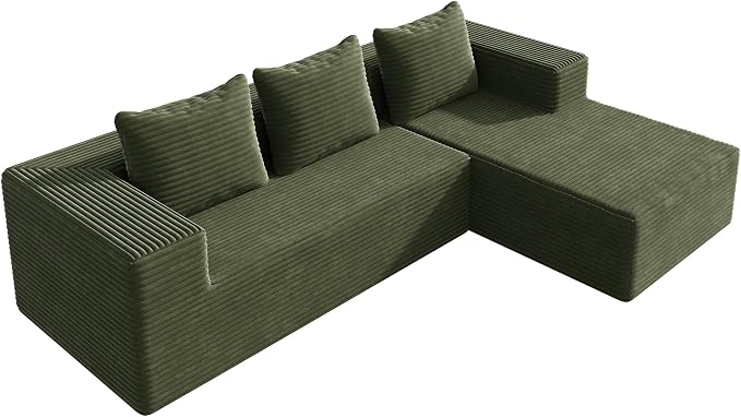 WLIVE 104'' Cloud Sectional Couches for Living Room, Modular Boneless Couch with Left Facing Chaise, L Shape Memory Foam Corduroy, with Cushion, Green