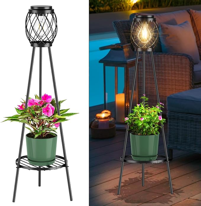 MXwcy Solar Floor Lamp with Plant Stands,Solar Lights Outdoor with Vintage LED Edison Bulbs, Weatherproof Garden Lights for Pathway, Patio, Yard, 8-10 Hours Lighting, IP55 Waterproof