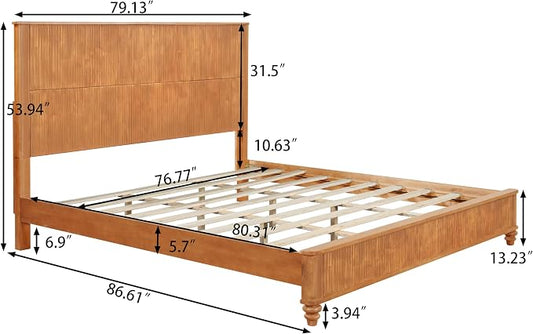 3-Pieces Bedroom Sets, King Size Platform Bed with 2 Nightstands, Solid Wood Platform Bed Frame with Tall Headboard and Classic American Turned Legs (Natural, King)