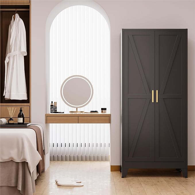 71" Tall Metal Armoire Wardrobe Closet with Hanging Rod and 3 Adjustable Shelves,Black Storage Cabinet,Steel Wardrobe for Bedroom Garage Laundry Room Office Apartment,6 Tier 1 Pack