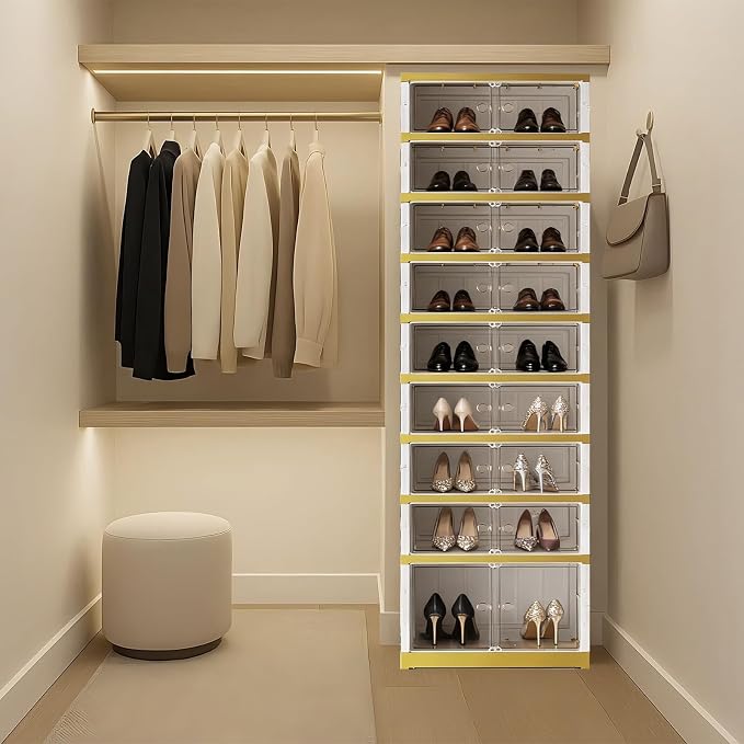 SYNCVIBE Shoe Rack Organizer for Closet Entryway Foldable Sneaker Storage Shoe, Collapsible Shoe Cabinet, Stackable Shoe Storage Cabinet with Lids for Living Room (9 Tiers -18 Pairs White Gold)