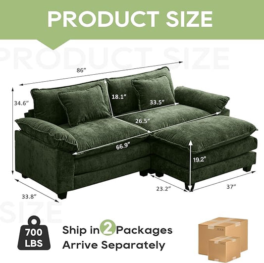 Oprisen 86" Modular Sectional Sofa, Comfy Cloud Couch Sectional Sofa with Ottoman, Chenille Sofa Sleeper Deep Seat Sofa with Throw Pillows for Living Room (Green, 86"- L Shape)
