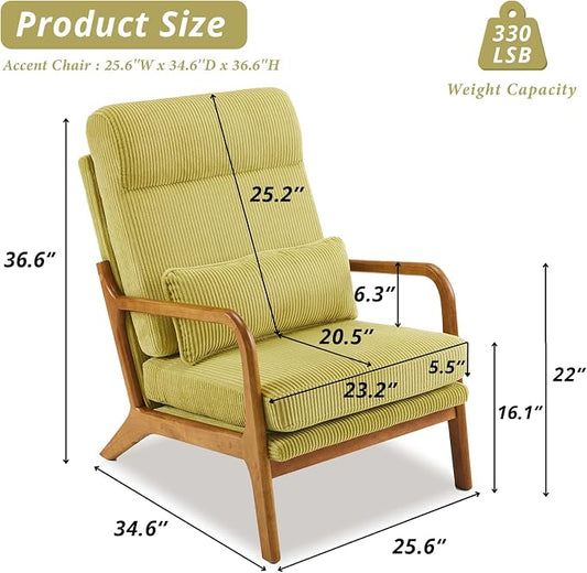 Karl home Accent Chair High Back Mid-Century Modern, Green | Corduroy Upholstered, Walnut Color Solid Rubber Wood Frame, Soft Cushion with Pillow, For Living Room, Bedroom, Balcony