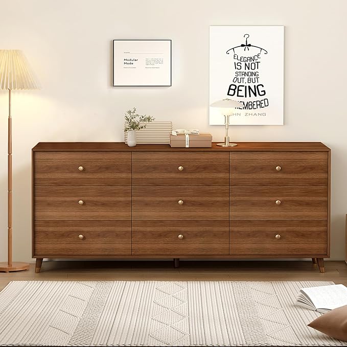 Messenya 9 Drawer Dresser for Bedroom, 63 Inch Walnut Dresser for Closet, Mid Century Wood Chest of Drawers with Natural Texture & Pre-Embedded Slots for TV Stand, Living Room, Hallway, Office