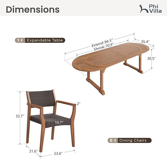 PHI VILLA Outdoor Dining Set for 6, Expandable Acacia Wood Table & Chairs | 7pc teak patio furniture set. Large farmhouse set for deck, porch, backyard.