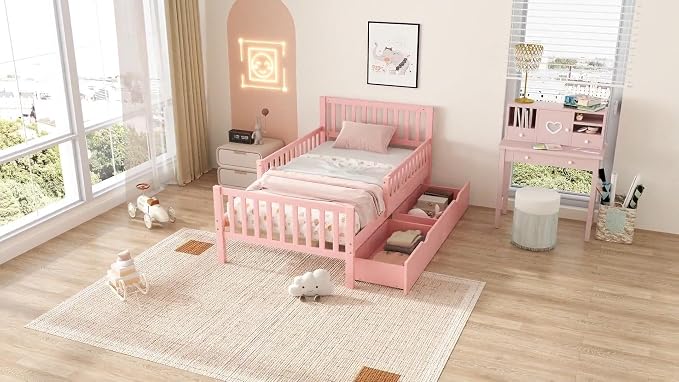 Kids Full Size Bed Frame with Storage Drawers, Wood Full Bed Frames for Kids, Full Bed Frame with Headboard and Footboard for Boys Girls, No Box Spring Needed,Pink