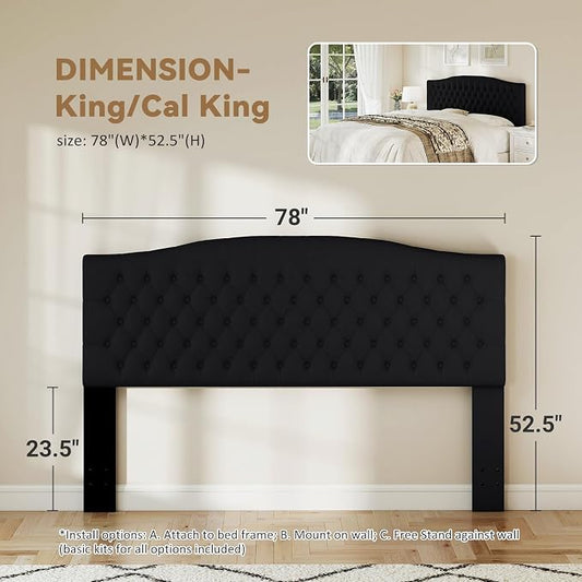 King Headboard Only, Upholstered Headboard King for Adjustable Bed Velvet Tufted Wall Mounted Head Board with Solid Wood Legs Head Board, Black