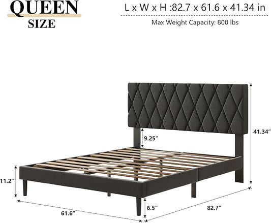 CXVX Queen Size Bed Frame with Diamond Tufted Headboard, Linen Upholstered Platform Bed and Wooden Slat Support, Noise-Free, No Box Spring Needed, Easy Assembly, Dark Grey