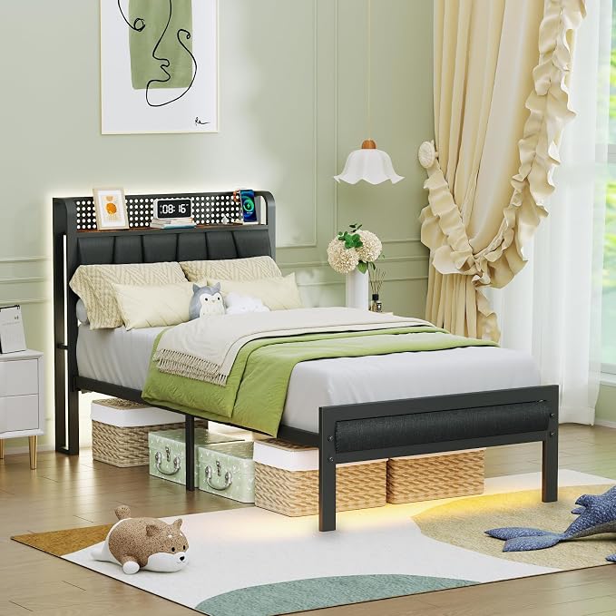 Furnulem Twin Bed Frame with LED Light and Charging Station, Grey Upholstered Storage Headboard with Shelf, Metal Platform Bed with Heavy Duty Slats, No Box Spring Needed, Noise Free & Easy Assembly