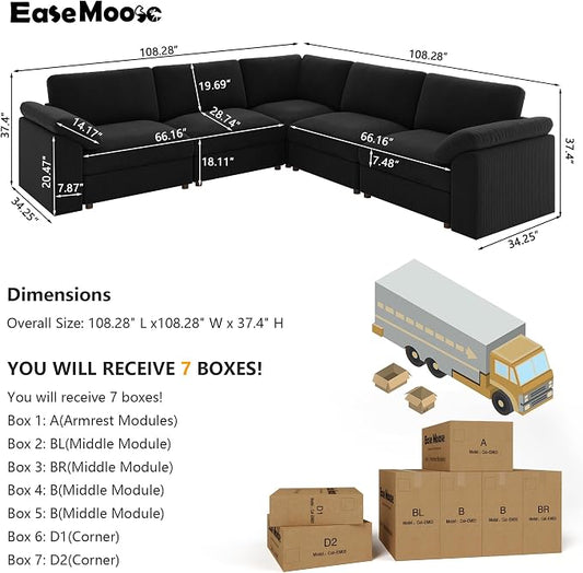 EASE MOOSE Oversized Modular Sectional Sofa, Extra Large L Shape Sectional Cloud Couch,Comfty Deep Seat Wide Modular Sofa for Living Room Removable Cover,Black