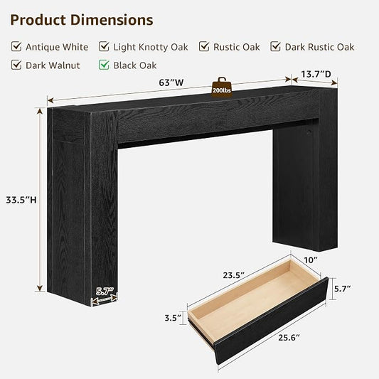 OKD Modern Entryway Console Table, Sofa Table with Drawers, 63" Long Hall Table Behind Couch, Thick Wood Design for Living Room, Hallway - Black Oak