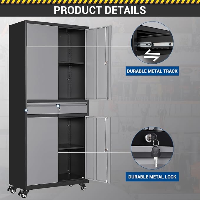 Fesbos 73" Metal Cabinet-Black&Gray Heavy Duty Rolling Storage Cabinet Steel Tool Cabinets with Wheels, Shelves, Lockable Doors and Drawers- for Garage, Pantry, Warehouse - Assembly Required