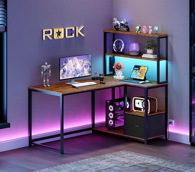 HOOBRO L Shaped Gaming Desk, 46 Inch Reversible Computer Desk with LED Light & Power Outlet, Office Desk with Storage Shelves & Drawer, for Home Office, Study, Rustic Brown and Black BF18UDDN01