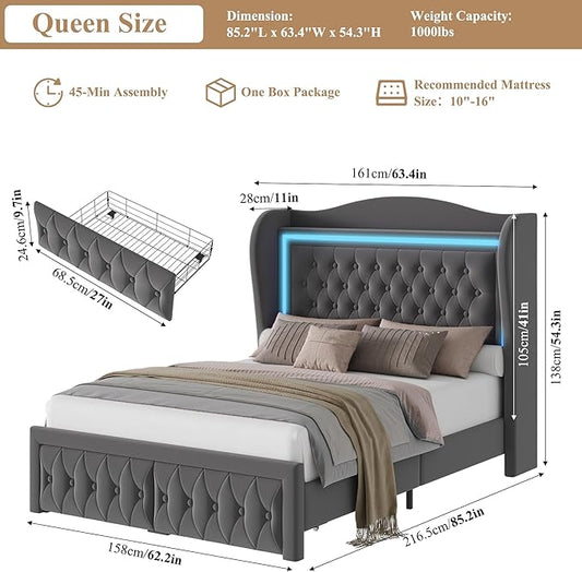 Queen Bed Frame 55" Tall Headboard with LED Lights, Buttons Tufted Velvet Upholstered Platform Bed Frame with 2 Storage Drawers, Wood Slats Support Mattress Foundation, No Box Spring Needed, Grey