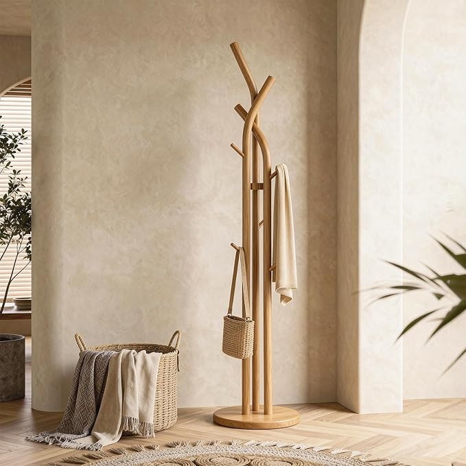 Solid Wood Coat Rack Freestanding Wood Coat Tree Rack with 9 Hooks, Creative Tree-Shaped Design, Standing Coat Rack Clothes Hanger Stand with Sturdy Base for Entryway, Bedroom - Load 150lb (Natural)