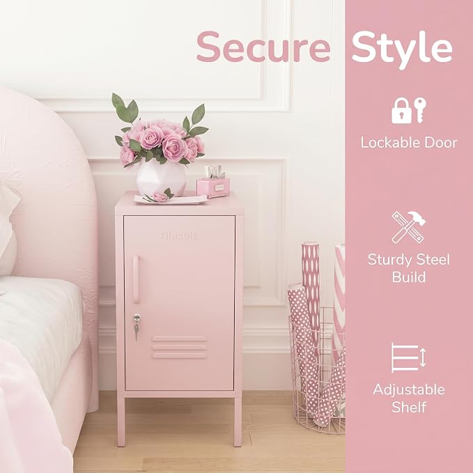Single Door Lockable Metal End Table & Children's Bedside Table, 2-Tier Storage Cabinet with Adjustable Shelf, Easy Assembly Side Table for Living Room Bedroom Home Office Pink