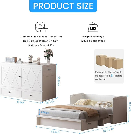 PUREMIND Murphy Bed Queen with Mattress Included, X-Farmhouse Frames Cabinet Beds Chest with Charging Station & Storage Drawers, Convertible Hideaway Cabinet Bed for Guest Room, White