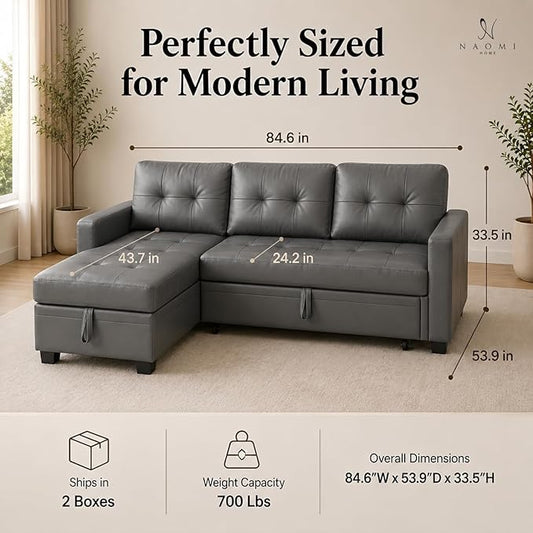 Naomi Home 84" L-Shaped Sectional Sleeper Sofa with Pull Out Bed | Sleeps Guests Comfortably, Stores Essentials in Chaise & Saves Space, Air Leather, Gray Convertible Sofa Bed